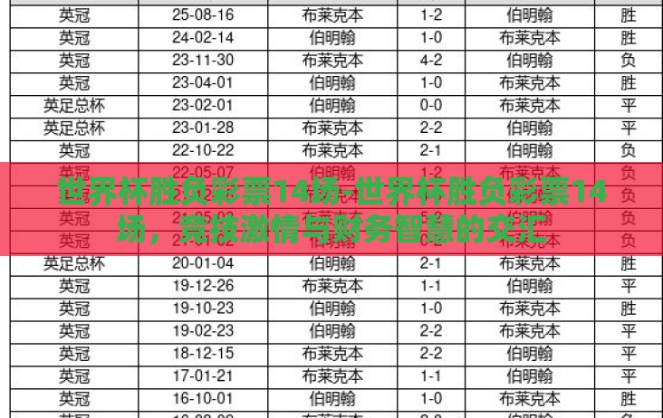 世界杯胜负彩票14场-世界杯胜负彩票14场,竞技激情与财务智慧的交汇 世界杯胜负彩票14场-世界杯胜负彩票14场,竞技激情与财务智慧的交汇