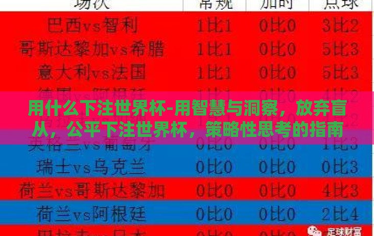 用什么下注世界杯-用智慧与洞察，放弃盲从，公平下注世界杯，策略性思考的指南